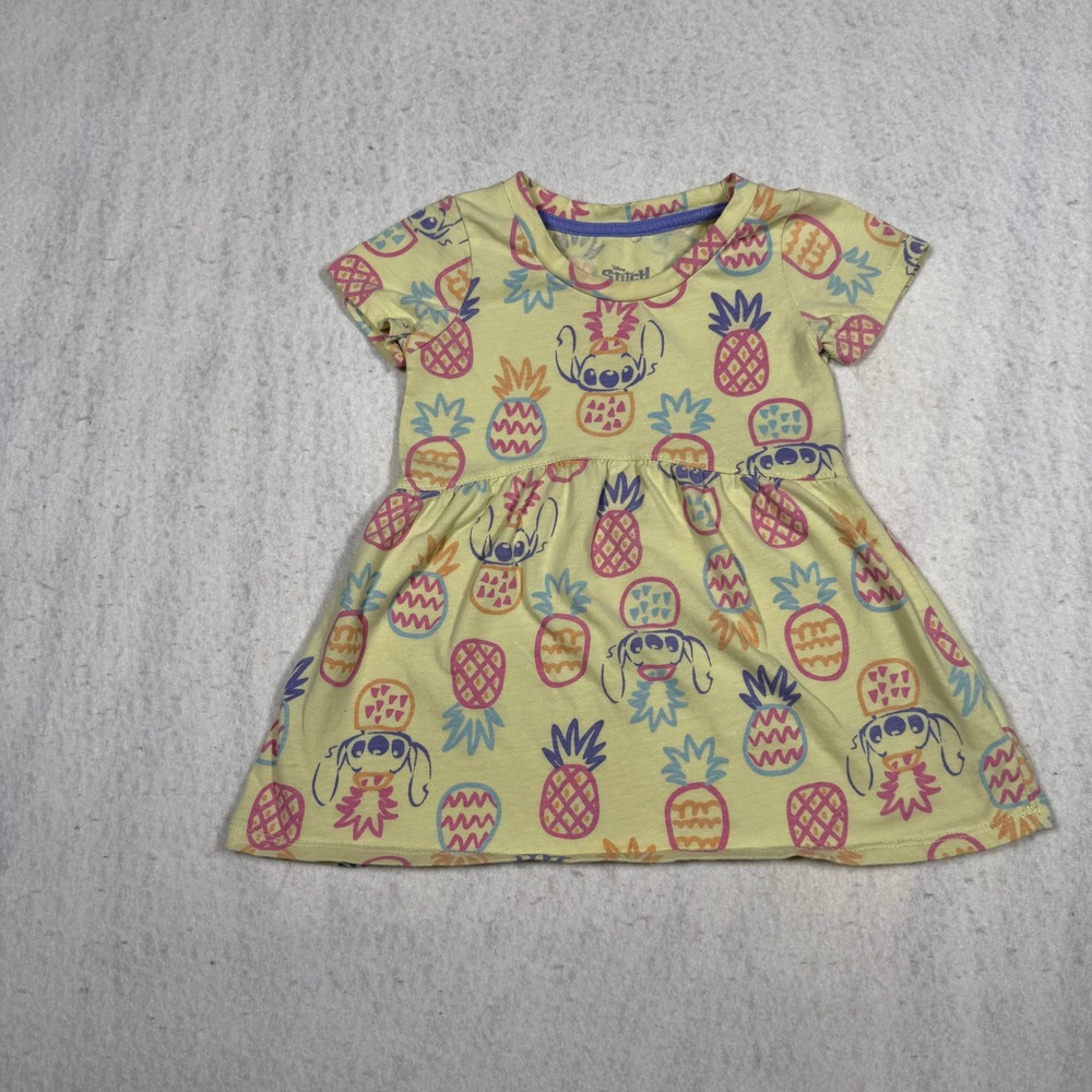 Disney Stitch Baby Girl Yellow Pineapple Print Short Sleeve Dress 18M